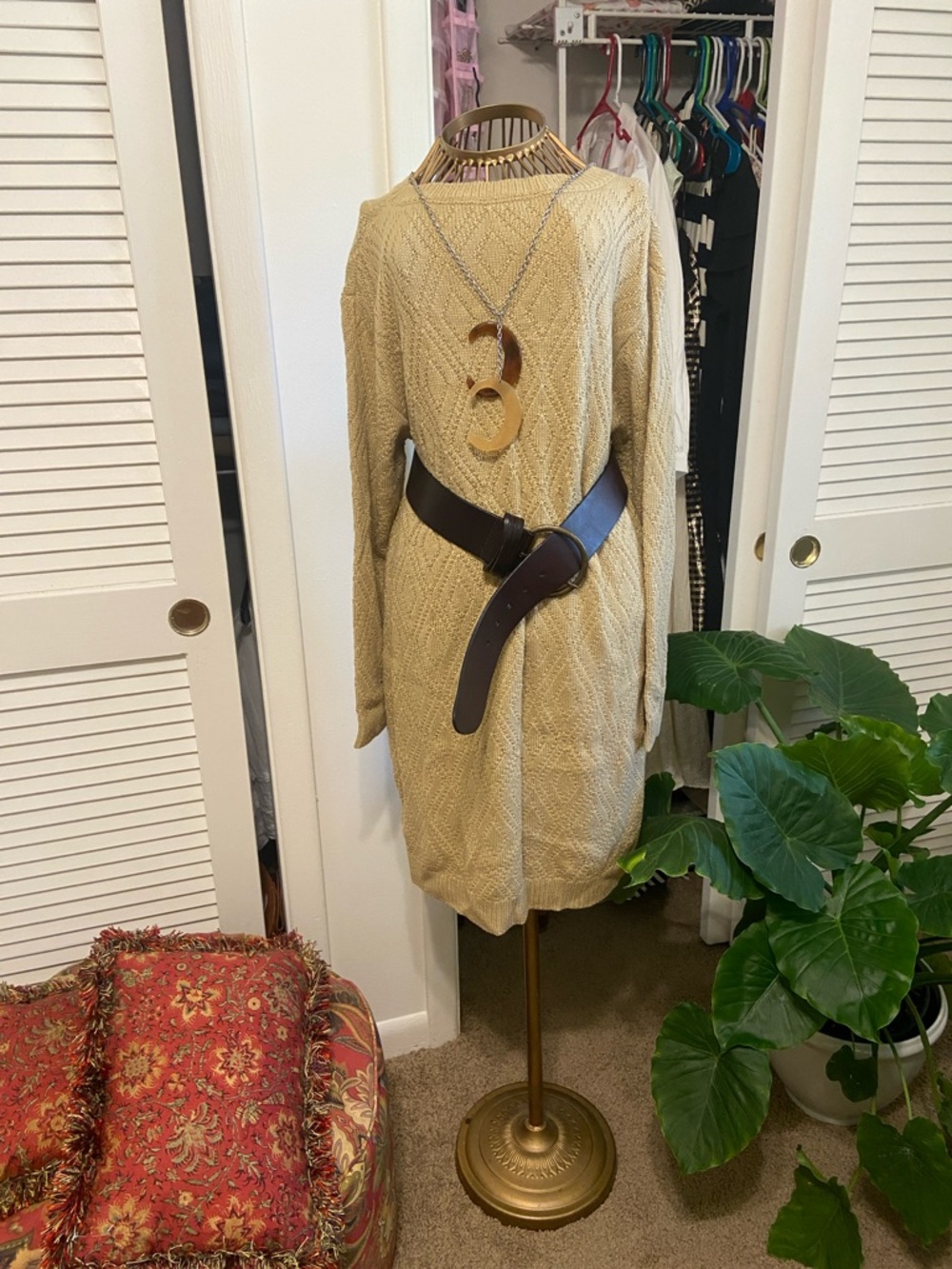 SHEIN Beige Cable Knit Midi Sweater Dress